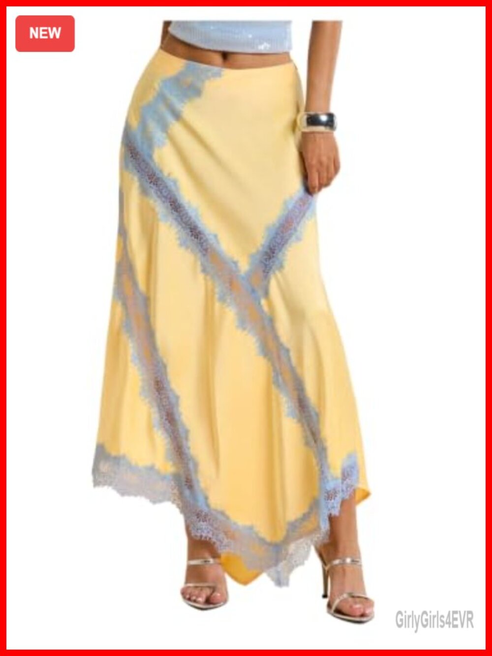 Women's Satin Asymmetrical Lace Trim Maxi Skirt Low Rise Flowy